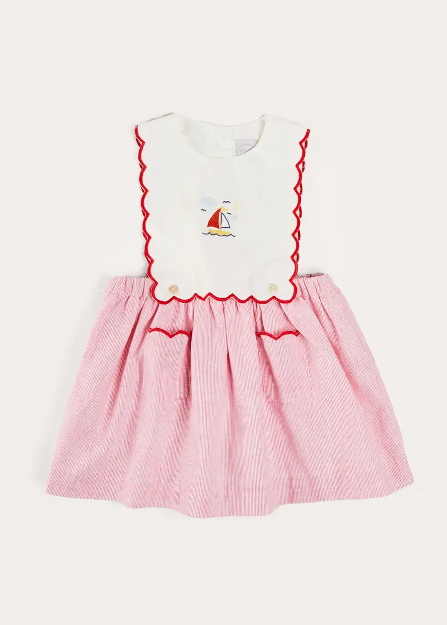 Lawrence Striped Boat Embroidered Scallop Detail Pinafore Skirt in Red (18mths-4yrs) SKIRTS from Pepa London US