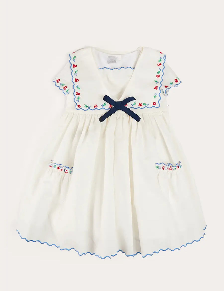 Embroidered Mariner Collar Short Sleeve Dress in White (12mths-10yrs) DRESSES from Pepa London US