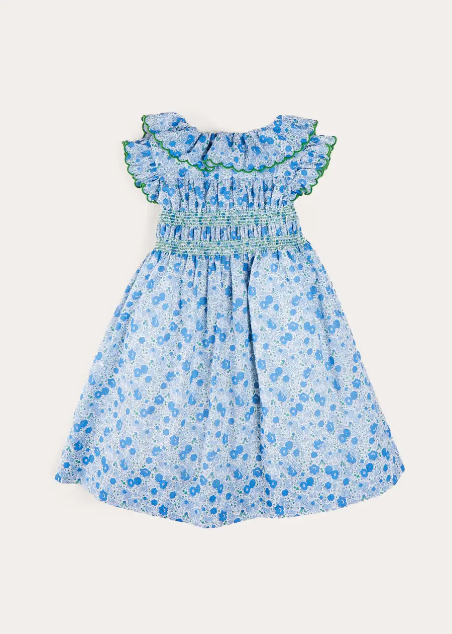 Olivia Floral Smocked Ruffle Collar Sleeveless Dress in Blue (12mths-10yrs) DRESSES from Pepa London US