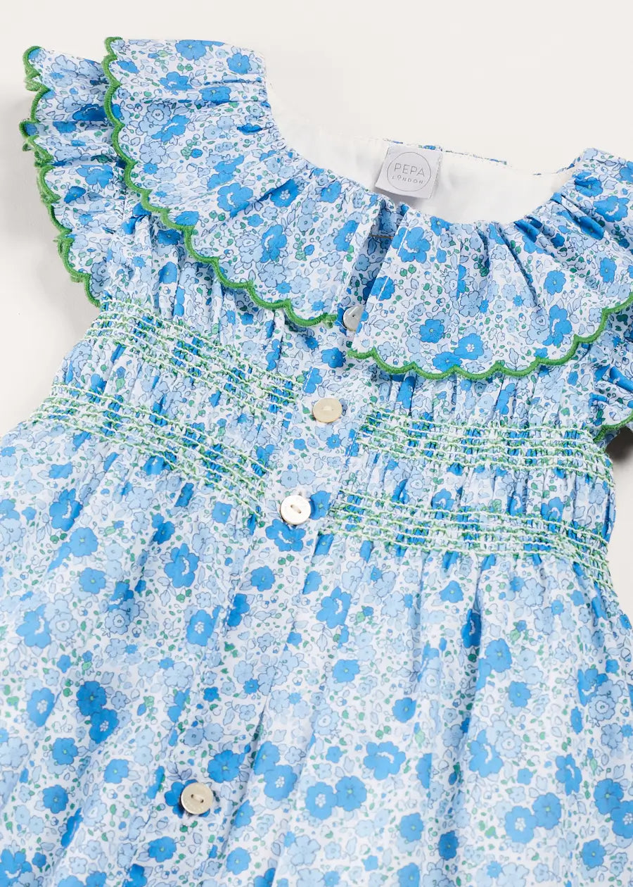 Olivia Floral Smocked Ruffle Collar Sleeveless Dress in Blue (12mths-10yrs) DRESSES from Pepa London US