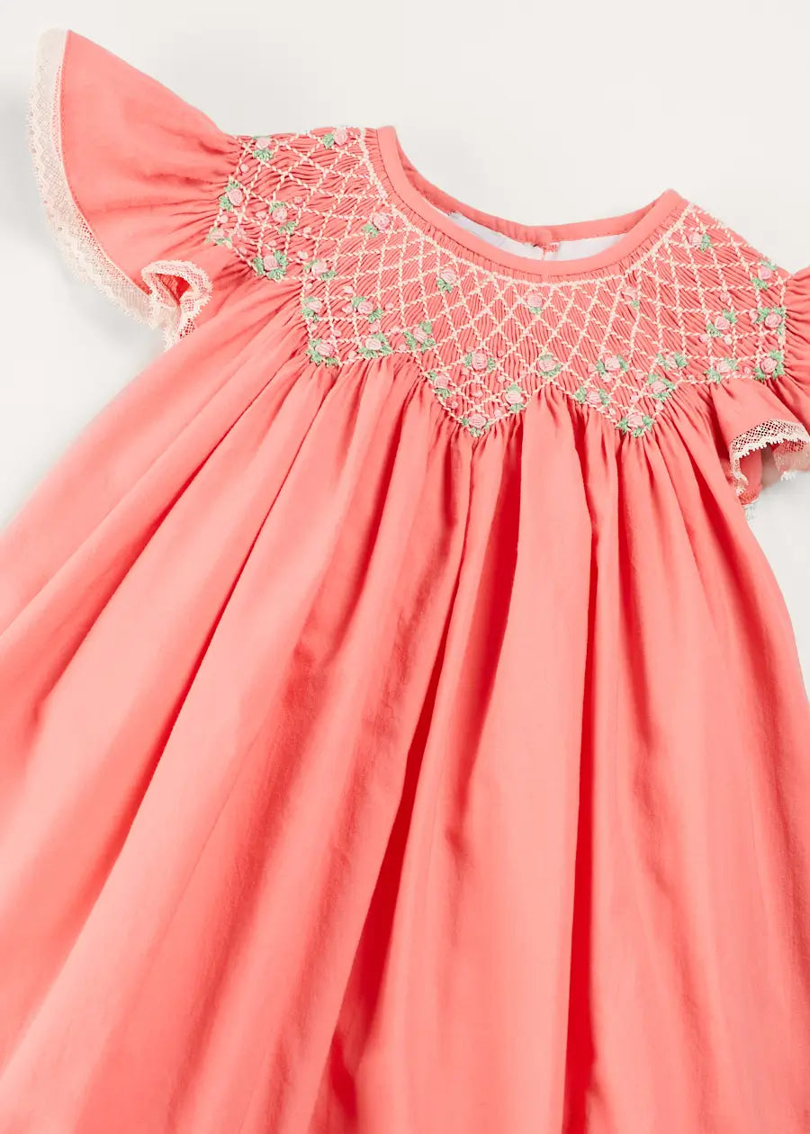 Plain Hand Smocked Sleeveless Dress in Coral (12mths-10yrs) DRESSES from Pepa London US