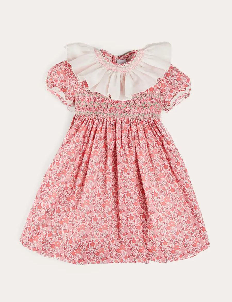 Emilia Floral Hand Smocked Ruffle Collar Short Sleeve Dress in Pink (12mths-10yrs) DRESSES from Pepa London US