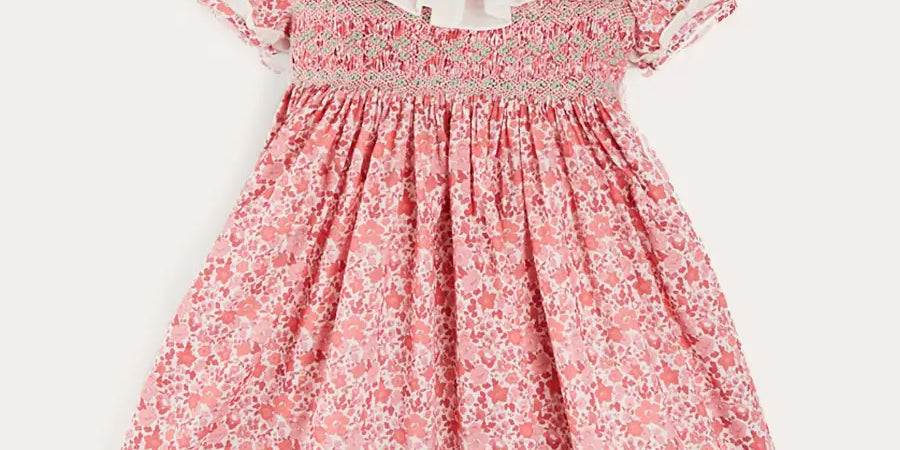Emilia Floral Hand Smocked Ruffle Collar Short Sleeve Dress in Pink (12mths-10yrs) DRESSES from Pepa London US