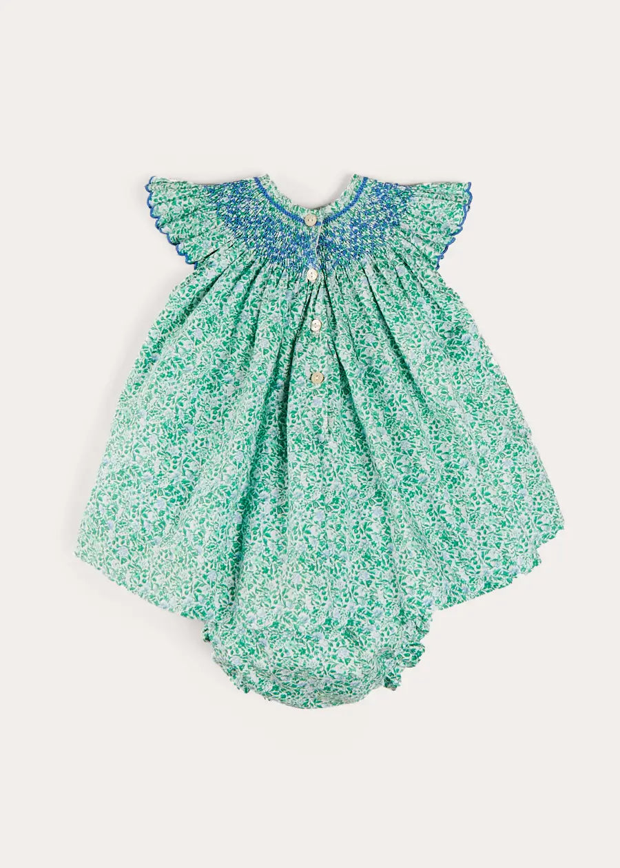 Adelaide Floral Hand Smocked Sleeveless Dress With Bloomers in Green (3mths-3yrs) DRESSES from Pepa London US