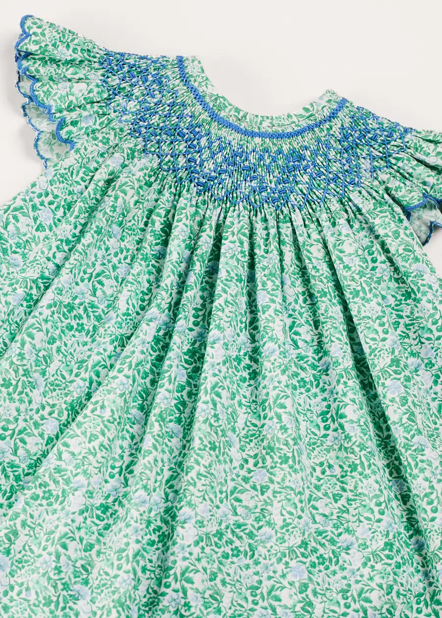Adelaide Floral Hand Smocked Sleeveless Dress With Bloomers in Green (3mths-3yrs) DRESSES from Pepa London US