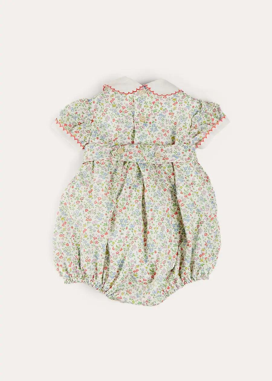 Cordelia Floral Hand-Smocked Short Sleeve Romper in Pink Made with Liberty Fabric (3m-2yrs) ROMPERS from Pepa London US