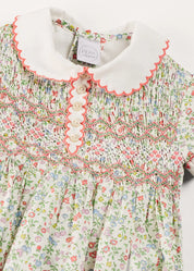 Cordelia Floral Hand-Smocked Short Sleeve Romper in Pink Made with Liberty Fabric (3m-2yrs) ROMPERS from Pepa London US