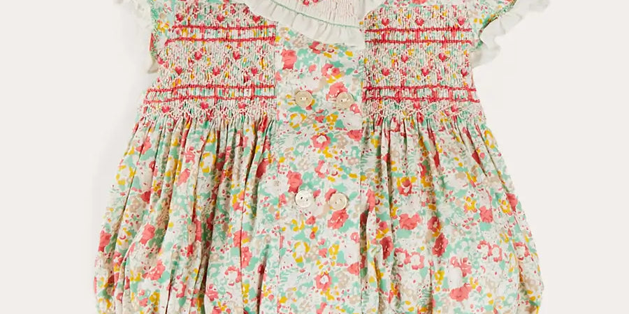 Clementine Floral Hand Smocked Double Breasted Short Sleeve Romper in Coral (6mths-3yrs) ROMPERS from Pepa London US