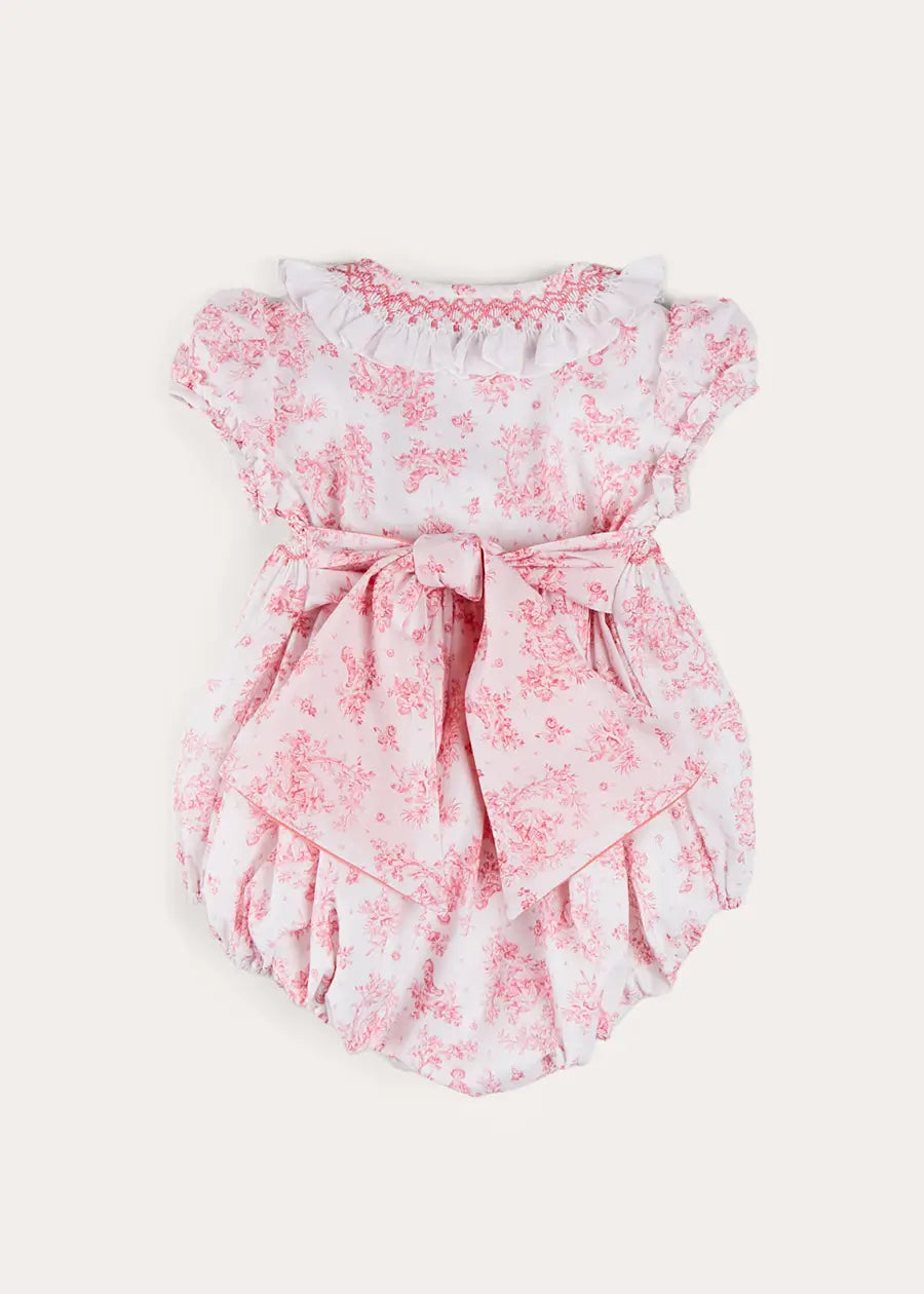 Audrey Hand Smocked Double Breasted Short Sleeve Romper in Pink (6mths-2yrs) ROMPERS from Pepa London US