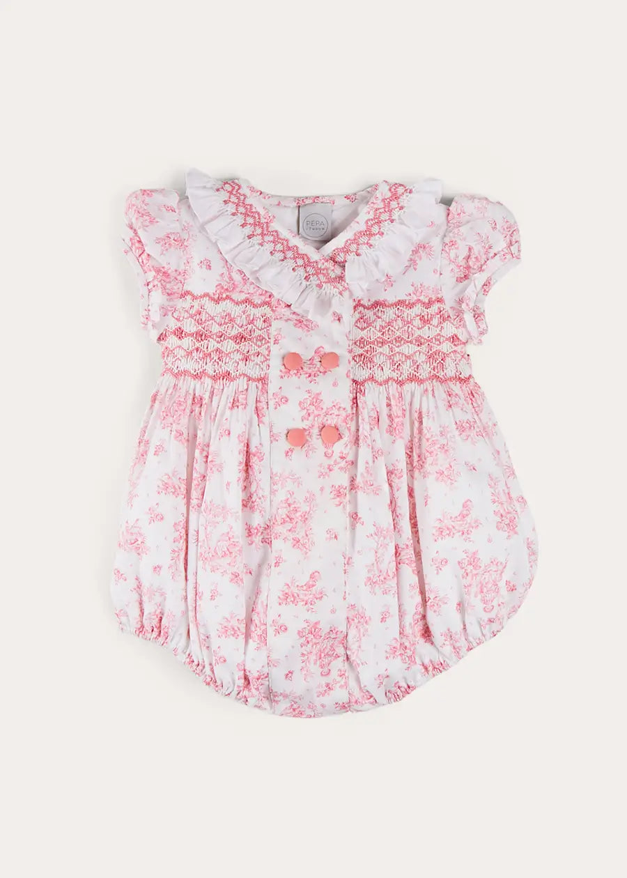 Audrey Hand Smocked Double Breasted Short Sleeve Romper in Pink (6mths-2yrs) ROMPERS from Pepa London US