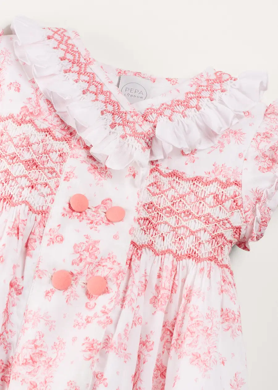 Audrey Hand Smocked Double Breasted Short Sleeve Romper in Pink (6mths-2yrs) ROMPERS from Pepa London US