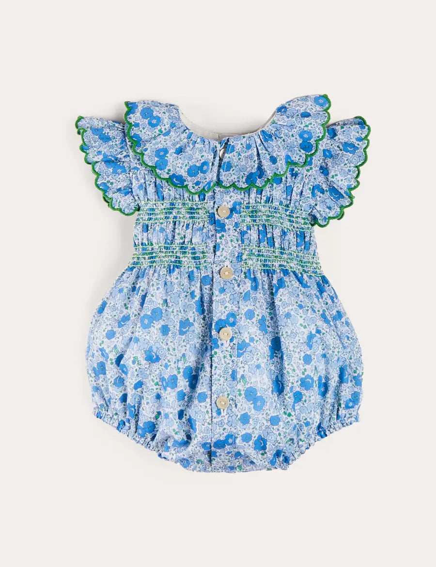 Olivia Floral Smocked Ruffle Collar Sleeveless Romper in Blue (6mths-2yrs) ROMPERS from Pepa London US