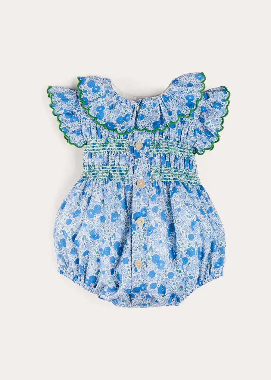 Olivia Floral Smocked Ruffle Collar Sleeveless Romper in Blue (6mths-2yrs) ROMPERS from Pepa London US