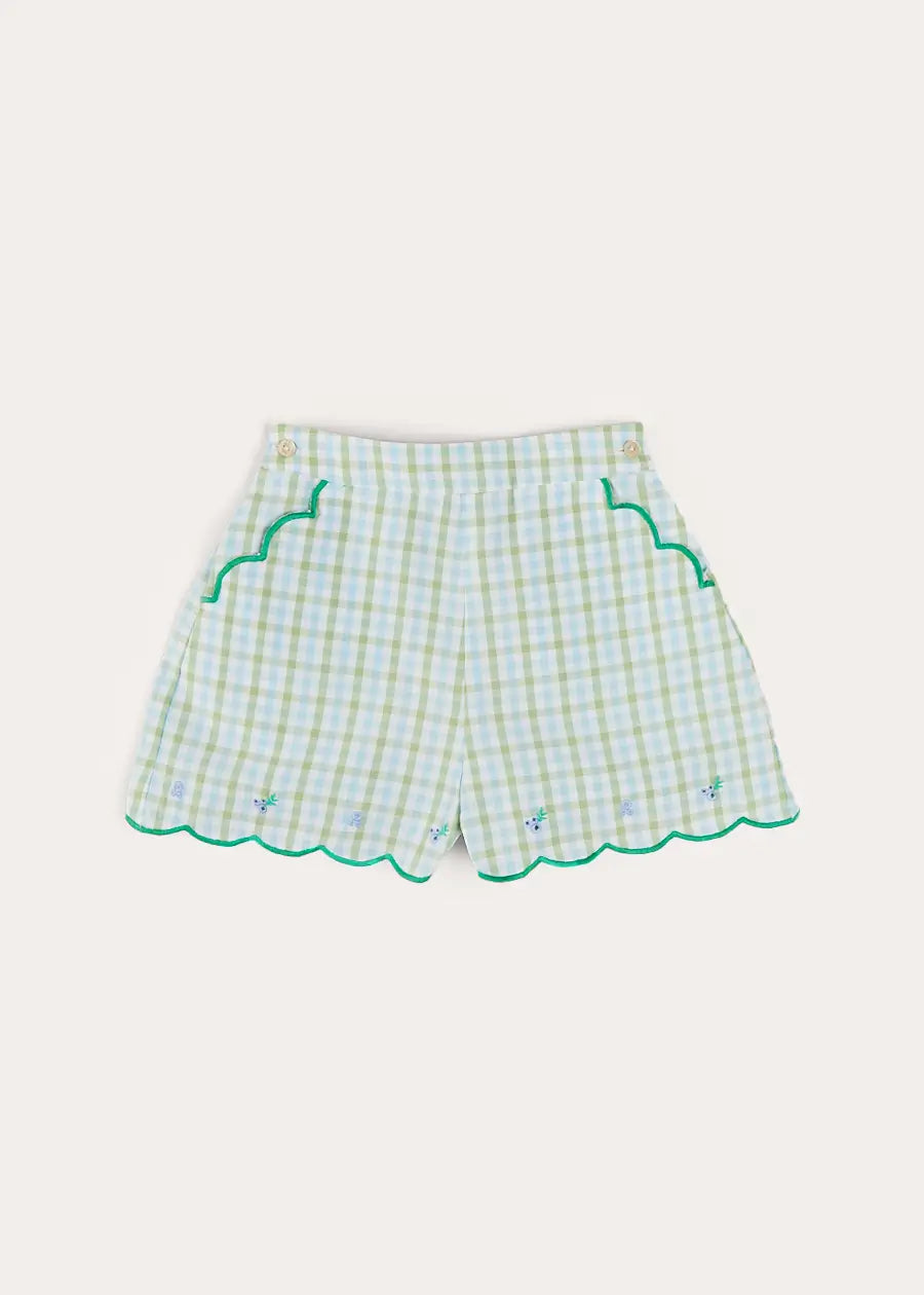 Maxwell Gingham Scallop Trim Embroidered Shorts in Green (18mths-10yrs) SHORTS from Pepa London US