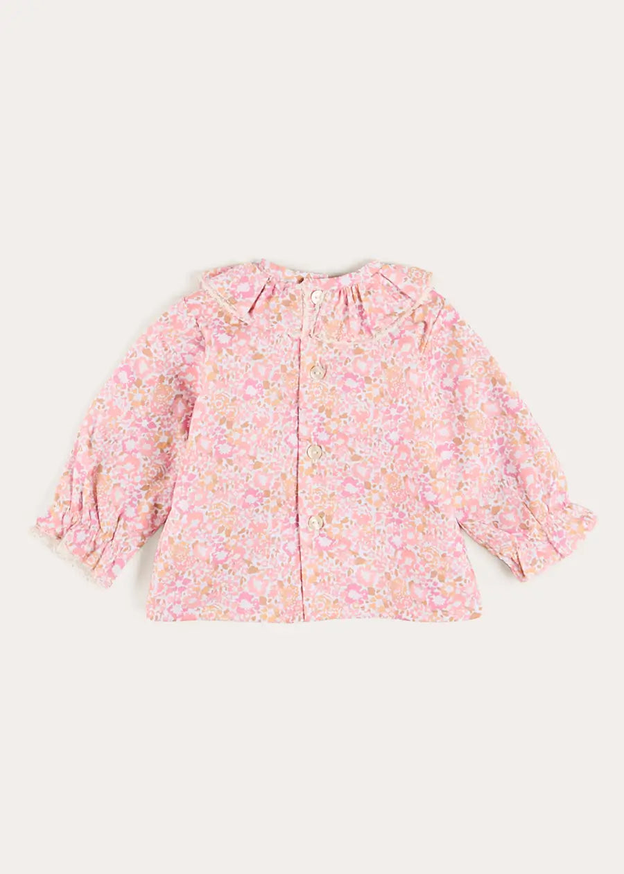 Nellie Floral Ruffle Collar Long Sleeve Blouse in Pink (1mth-12mths) Blouses from Pepa London US