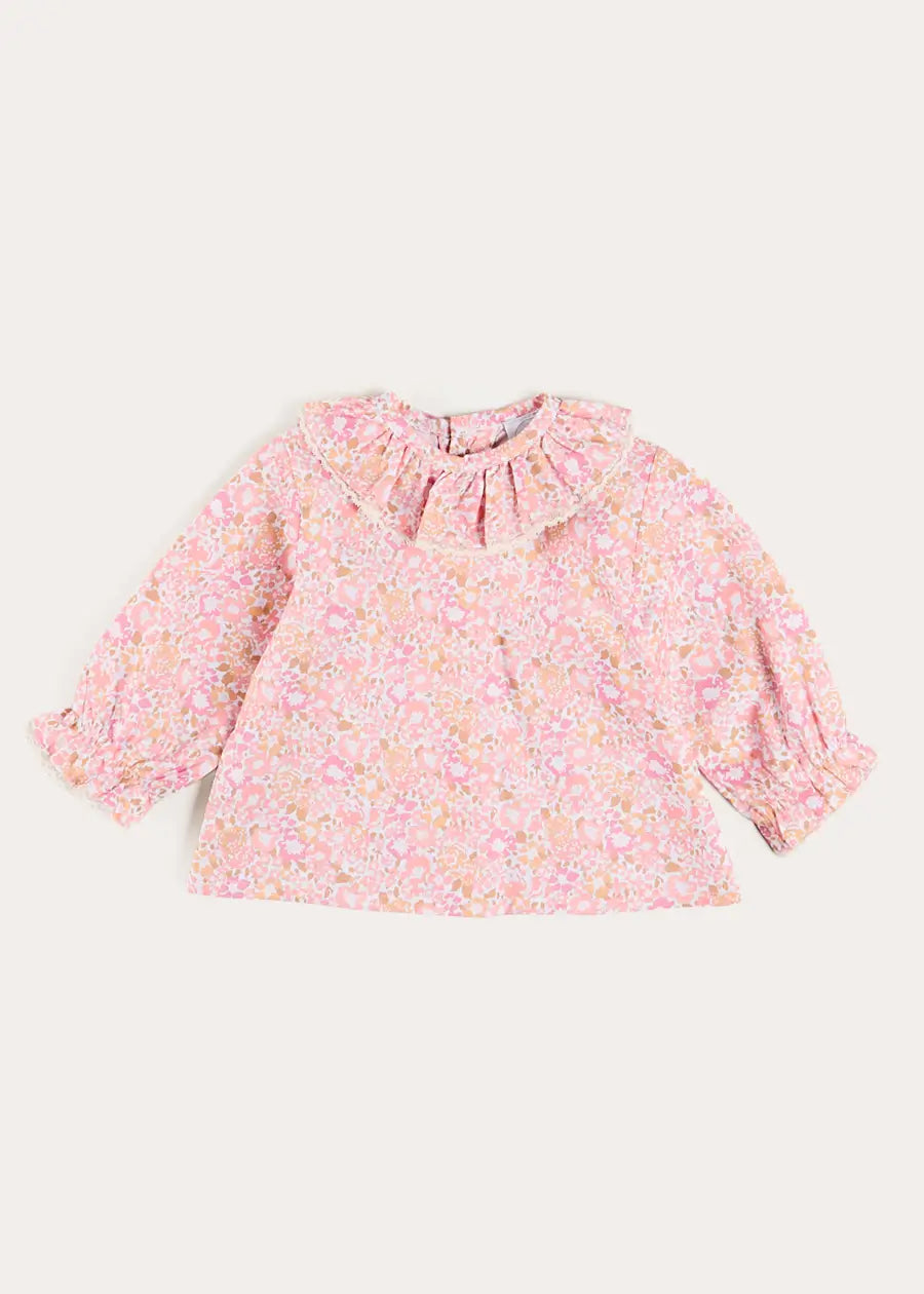 Nellie Floral Ruffle Collar Long Sleeve Blouse in Pink (1mth-12mths) Blouses from Pepa London US