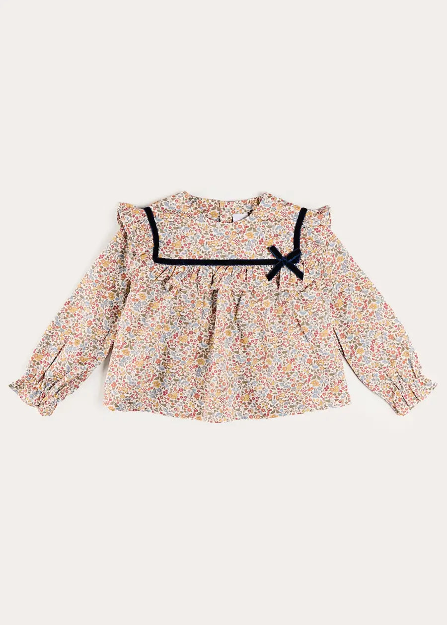 Marianne Floral Velvet Bow Detail Blouse in Toffee Made with Liberty Fabric (18mths-12yrs) Blouses from Pepa London US