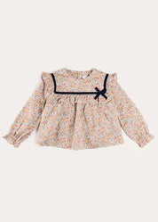 Marianne Floral Velvet Bow Detail Blouse in Toffee Made with Liberty Fabric (18mths-12yrs) Blouses from Pepa London US