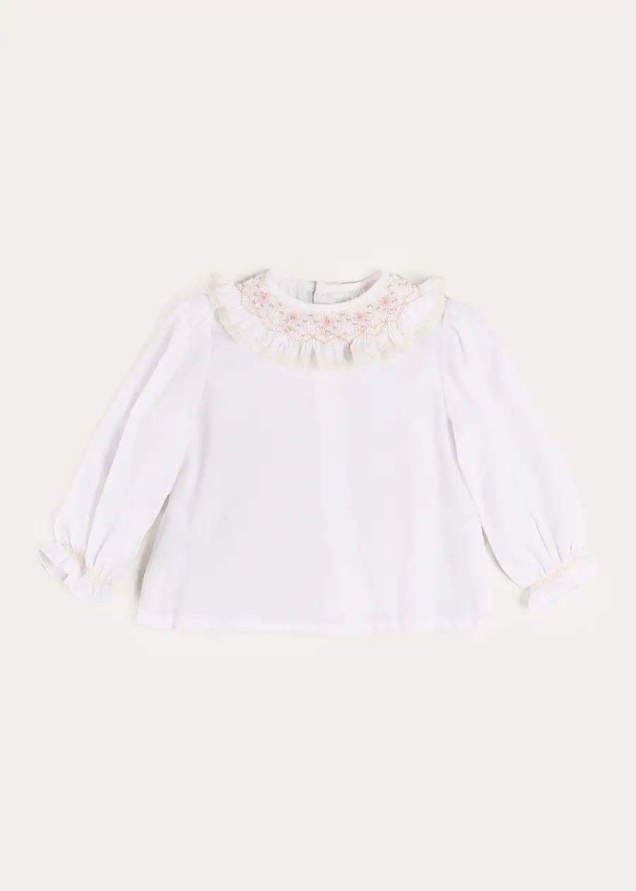 Floral Embroidered Ruffle Collar Lace Trim Blouse in White (2-10yrs) Blouses from Pepa London US