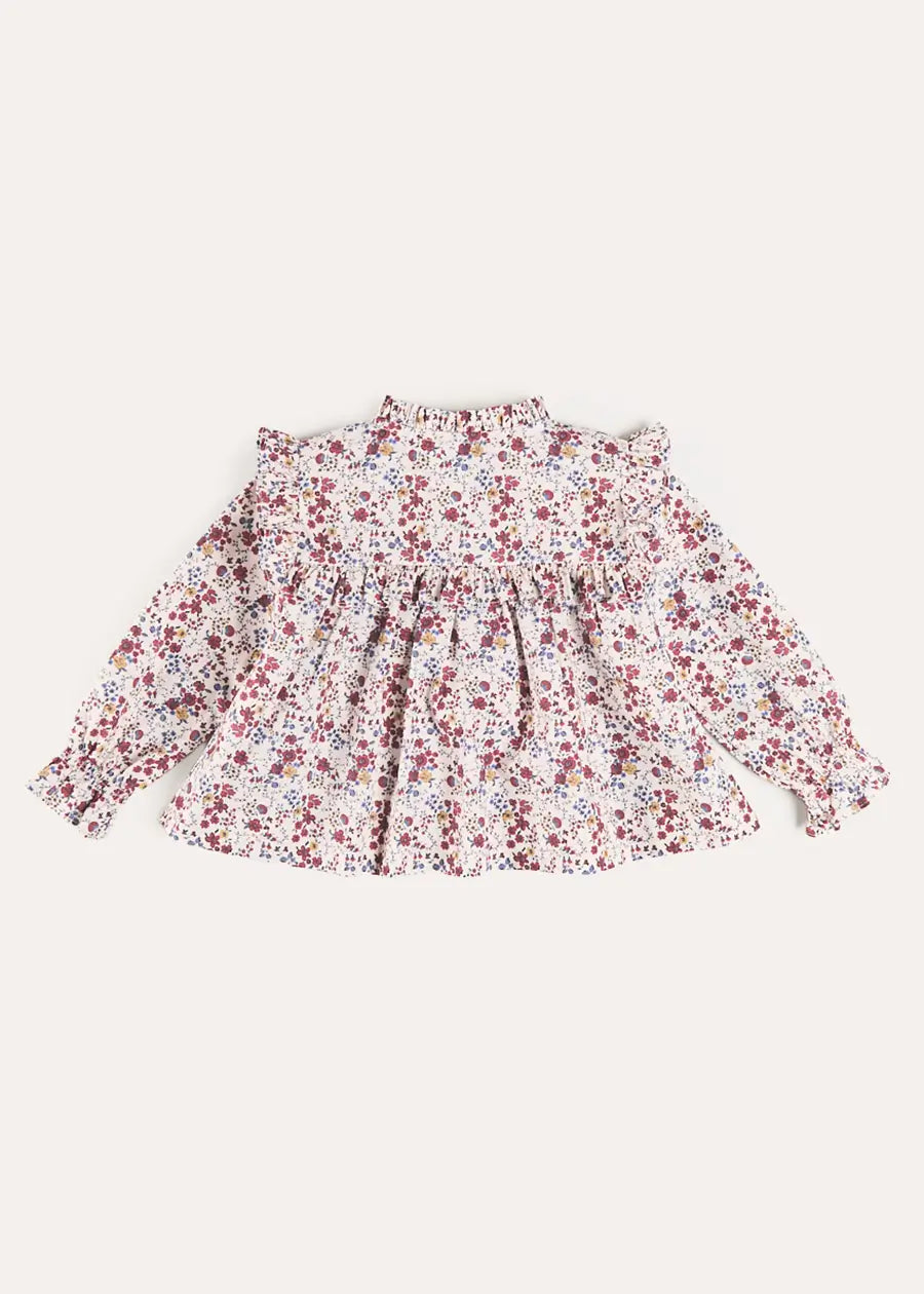 Louisa Floral Ruffle Trim Long Sleeve Blouse in Burgundy (4-10yrs) Blouses from Pepa London US