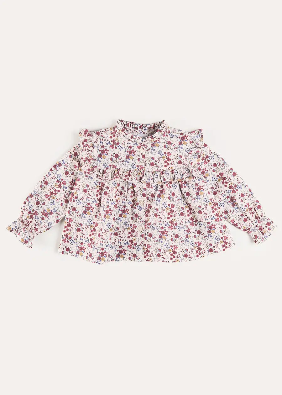 Louisa Floral Ruffle Trim Long Sleeve Blouse in Burgundy (4-10yrs) Blouses from Pepa London US