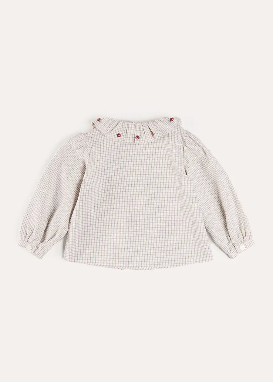 Ambrose Check Floral Embroidered Long Sleeve Blouse in Cream (4-10yrs) Blouses from Pepa London US