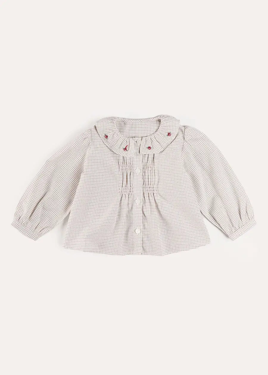 Ambrose Check Floral Embroidered Long Sleeve Blouse in Cream (4-10yrs) Blouses from Pepa London US