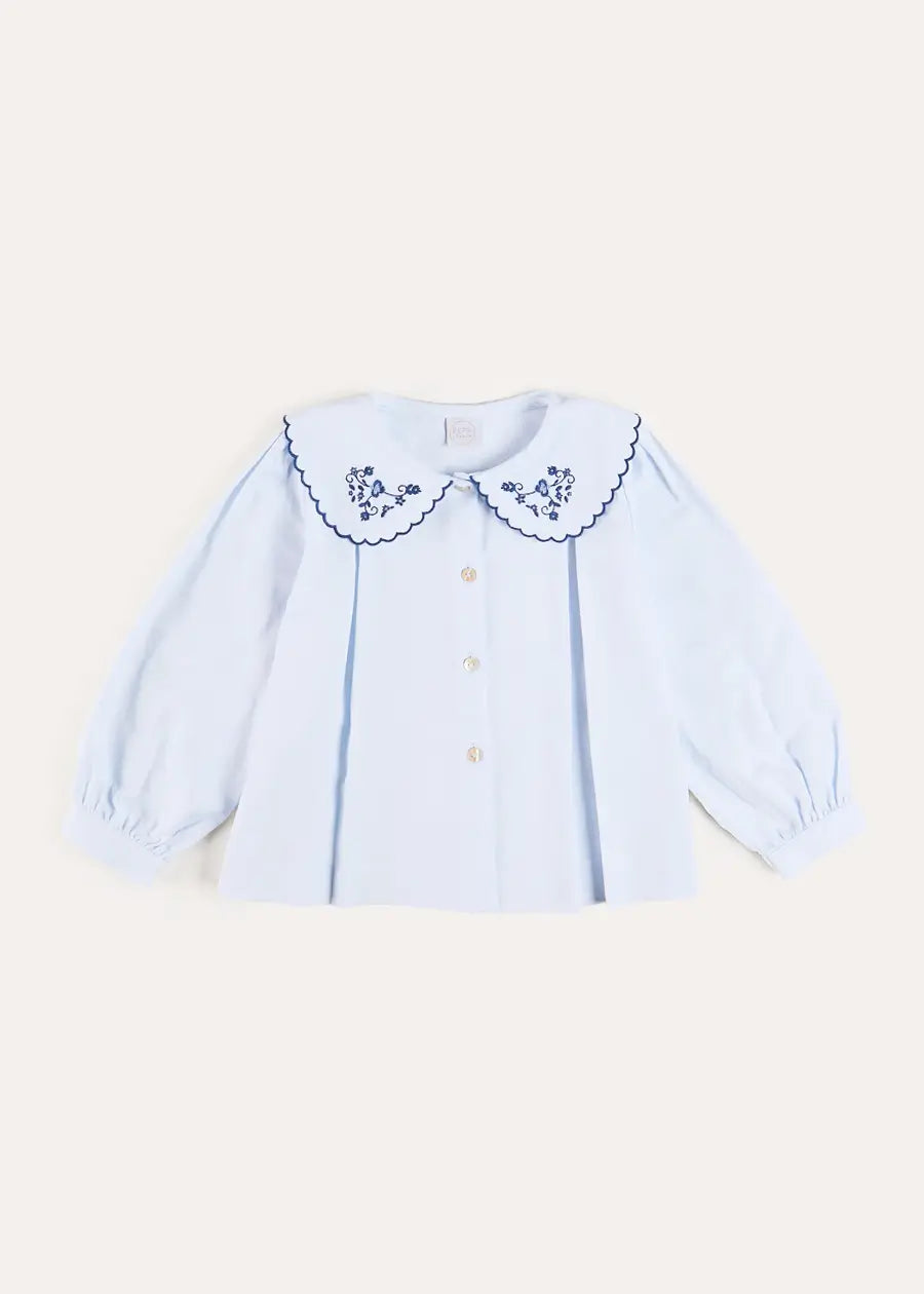 Floral Embroidered Collar Oxford Blouse in Blue (3-12yrs) Blouses from Pepa London US