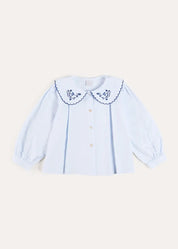 Floral Embroidered Collar Oxford Blouse in Blue (3-12yrs) Blouses from Pepa London US