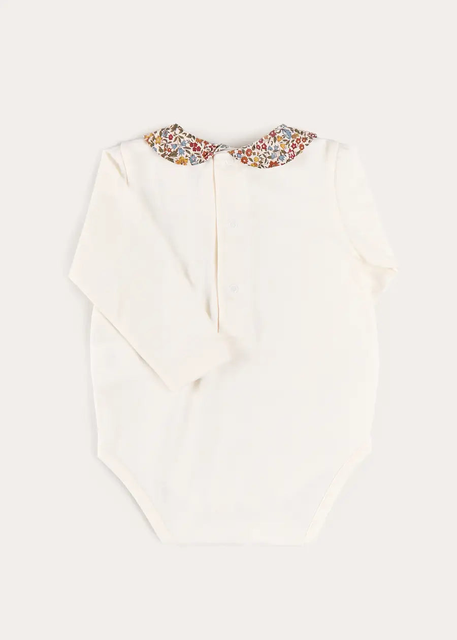 Marianne Floral Collar Long Sleeve Bodysuit in Toffee Made with Liberty Fabric (1mth-3yrs) Tops & Bodysuits from Pepa London US