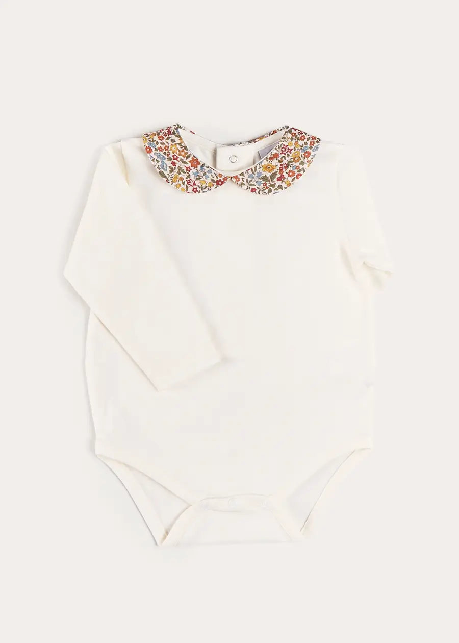 Marianne Floral Collar Long Sleeve Bodysuit in Toffee Made with Liberty Fabric (1mth-3yrs) Tops & Bodysuits from Pepa London US