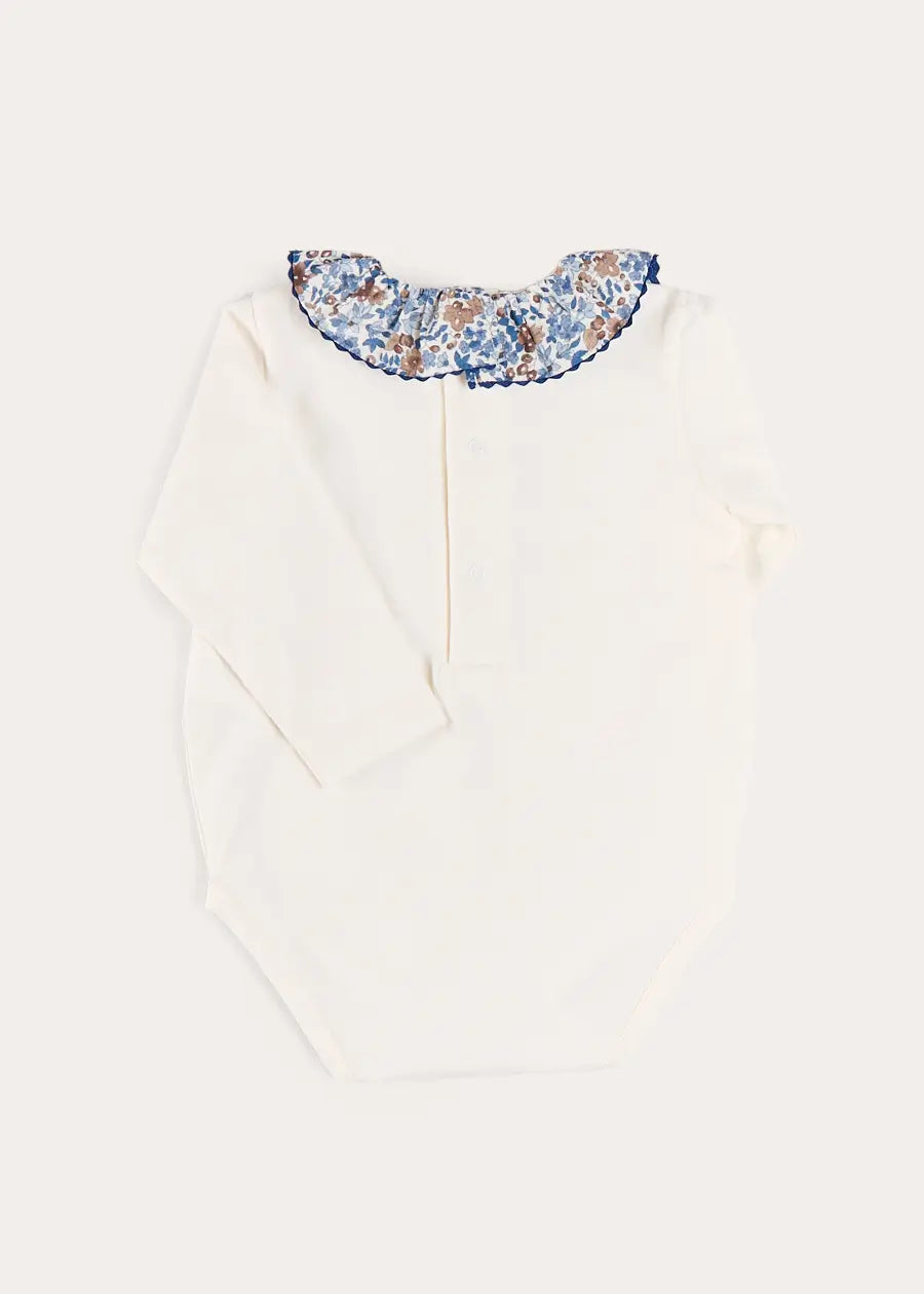 Beatrice Floral Ruffle Collar Long Sleeve Bodysuit in White (1mth-3yrs) Tops & Bodysuits from Pepa London US