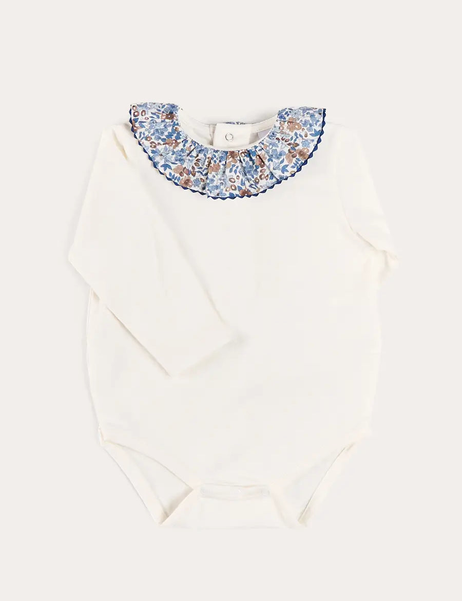 Beatrice Floral Ruffle Collar Long Sleeve Bodysuit in White (1mth-3yrs) Tops & Bodysuits from Pepa London US