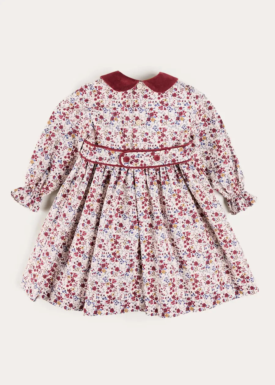 Louisa Floral Velvet Collar Long Sleeve Dress in Burgundy (18mths-10yrs) Dresses from Pepa London US