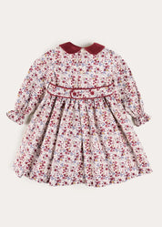 Louisa Floral Velvet Collar Long Sleeve Dress in Burgundy (18mths-10yrs) Dresses from Pepa London US