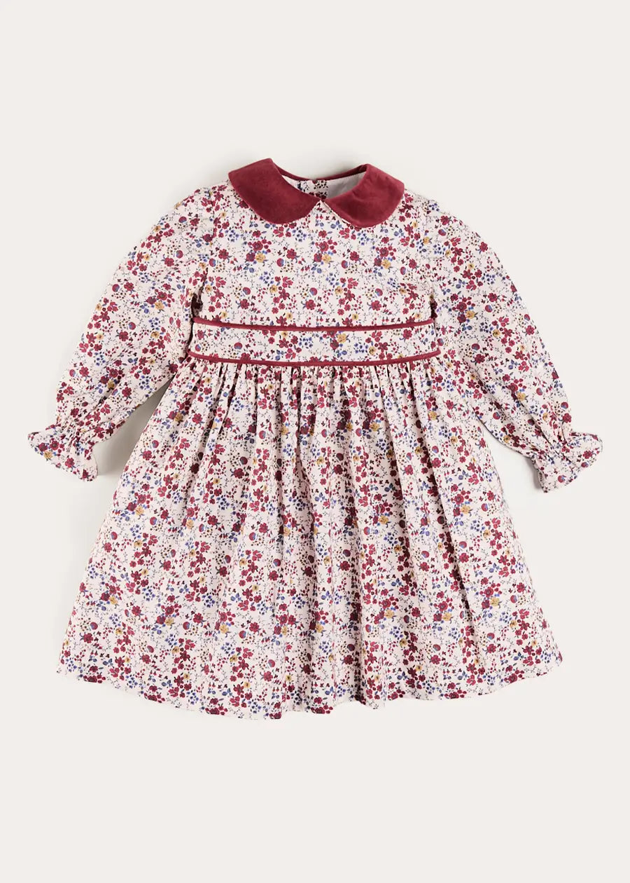 Louisa Floral Velvet Collar Long Sleeve Dress in Burgundy (18mths-10yrs) Dresses from Pepa London US