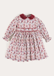 Louisa Floral Velvet Collar Long Sleeve Dress in Burgundy (18mths-10yrs) Dresses from Pepa London US
