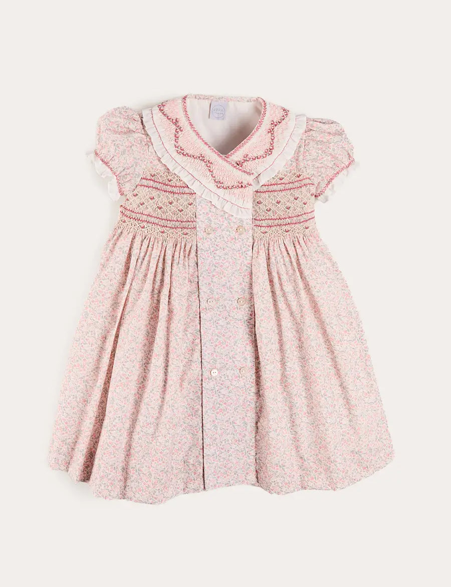 Adelaide Floral Double Breasted Embroidered Long Sleeve Dress in Pink (18mths-10yrs) Dresses from Pepa London US