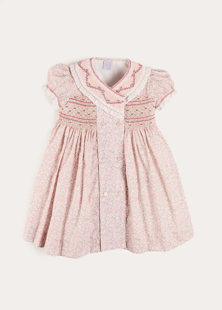 Adelaide Floral Double Breasted Embroidered Long Sleeve Dress in Pink (18mths-10yrs) Dresses from Pepa London US
