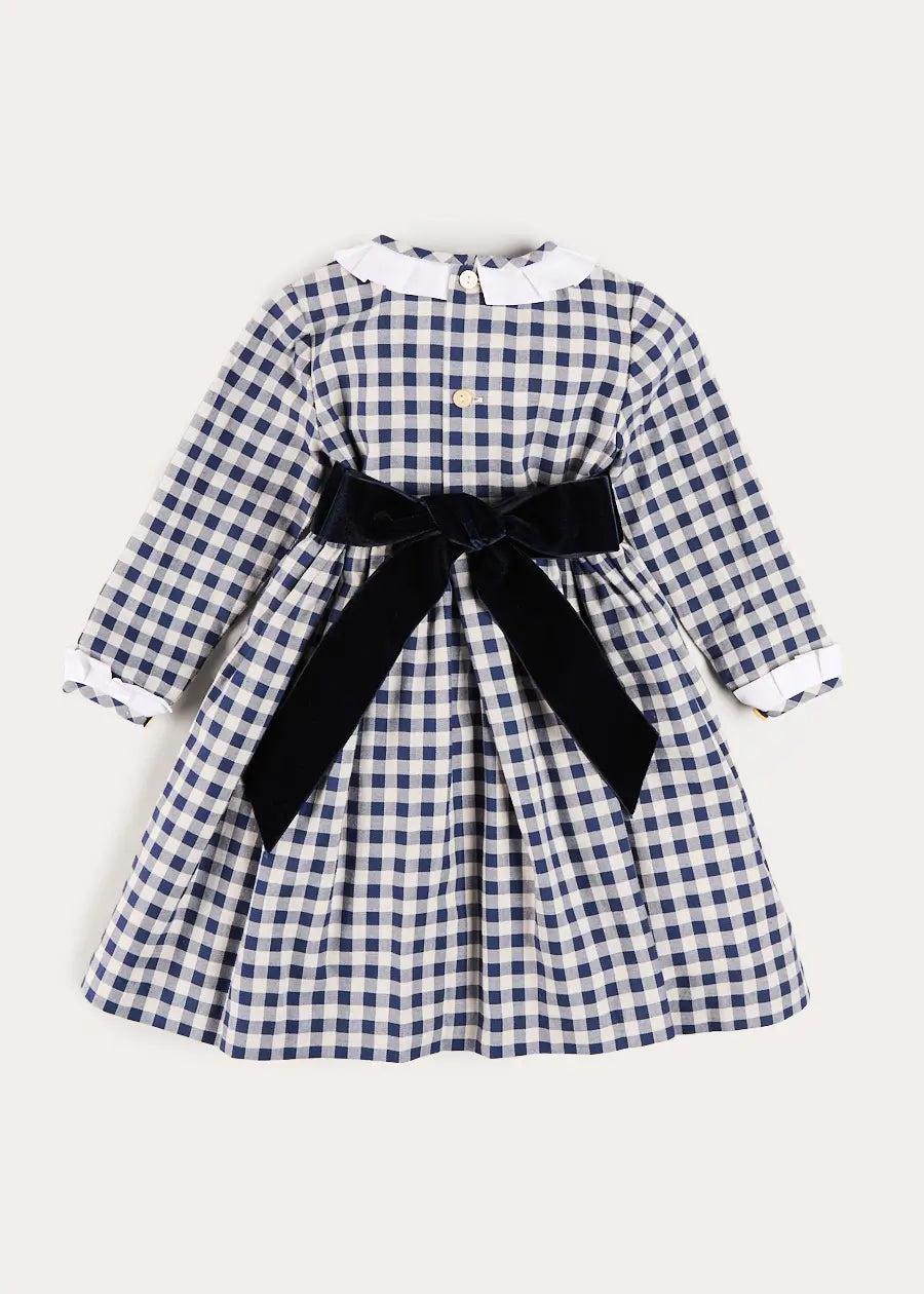 Draycott Check Long Sleeve Velvet Bow Dress in Blue (18mths-10yrs) Dresses from Pepa London US
