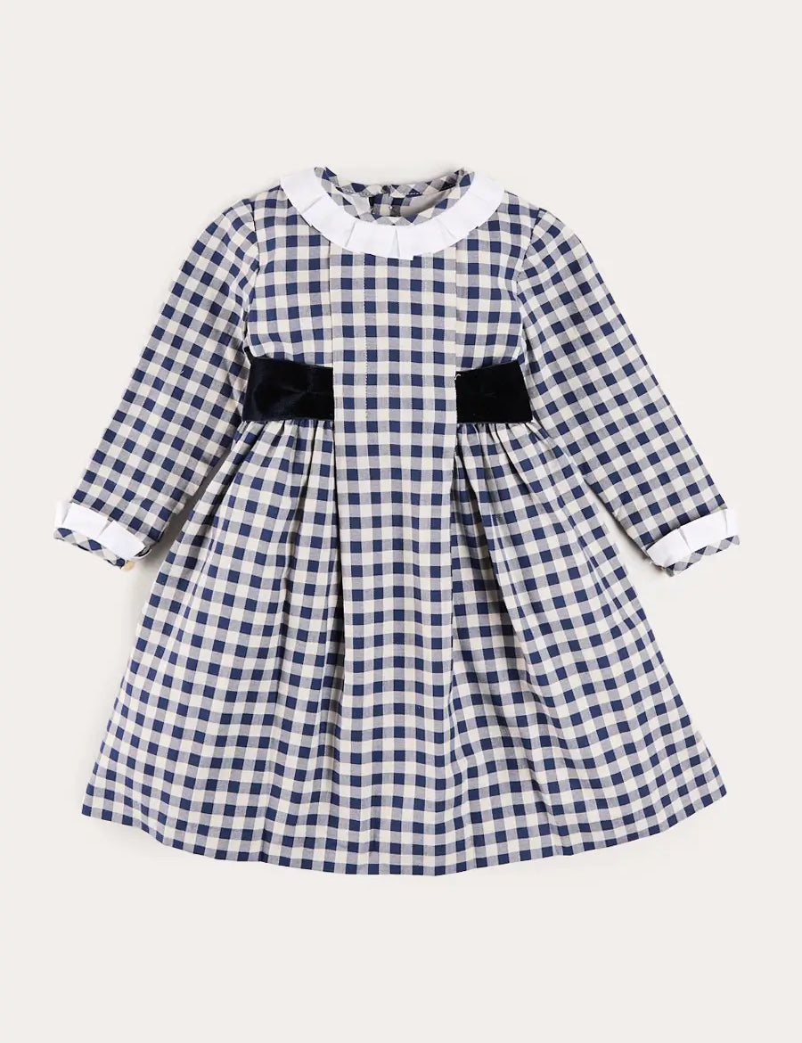 Draycott Check Long Sleeve Velvet Bow Dress in Blue (18mths-10yrs) Dresses from Pepa London US