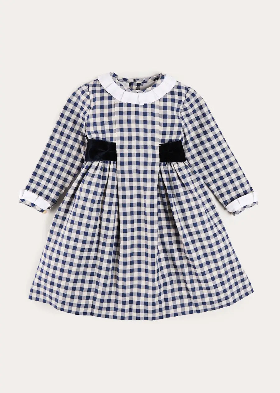 Draycott Check Long Sleeve Velvet Bow Dress in Blue (18mths-10yrs) Dresses from Pepa London US