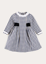 Draycott Check Long Sleeve Velvet Bow Dress in Blue (18mths-10yrs) Dresses from Pepa London US