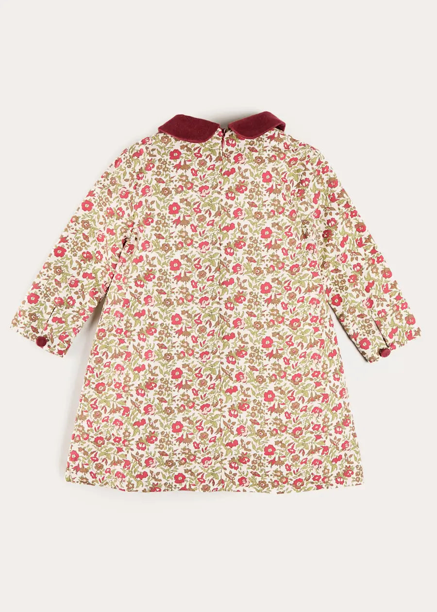 Daphne Floral Long Sleeve Velvet Collar Dress in Burgundy (18mths-10yrs) Dresses from Pepa London US