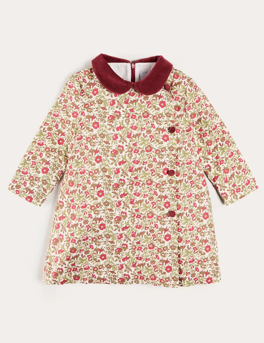 Daphne Floral Long Sleeve Velvet Collar Dress in Burgundy (18mths-10yrs) Dresses from Pepa London US