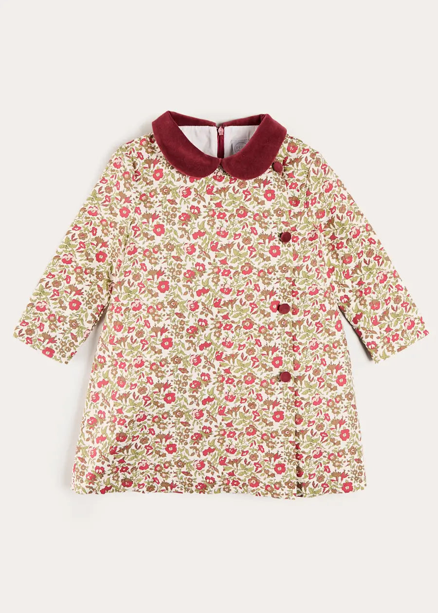 Daphne Floral Long Sleeve Velvet Collar Dress in Burgundy (18mths-10yrs) Dresses from Pepa London US