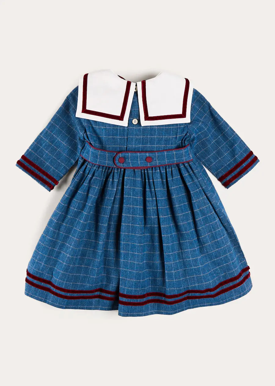 Moreton Check Mariner Collar Velvet Detail Dress in Blue (18mths-10yrs) Dresses from Pepa London US