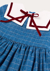 Moreton Check Mariner Collar Velvet Detail Dress in Blue (18mths-10yrs) Dresses from Pepa London US