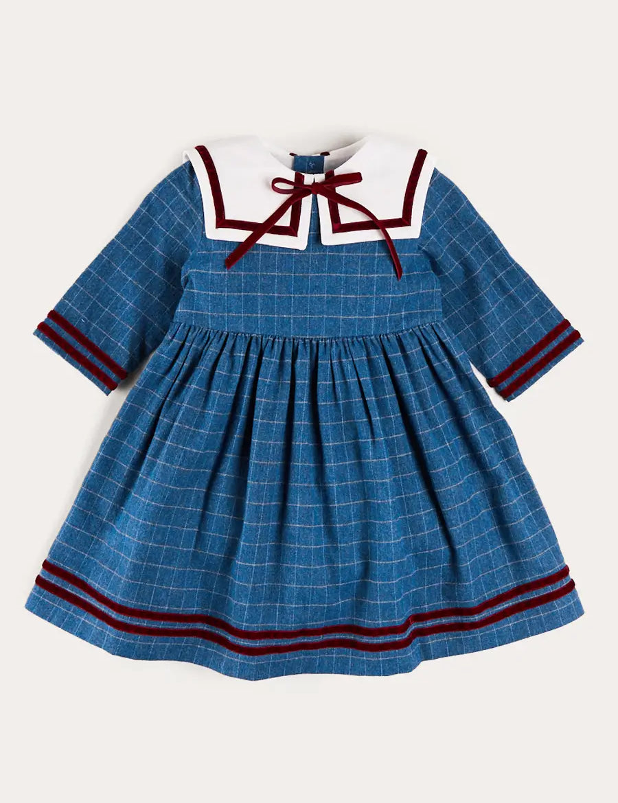Moreton Check Mariner Collar Velvet Detail Dress in Blue (18mths-10yrs) Dresses from Pepa London US