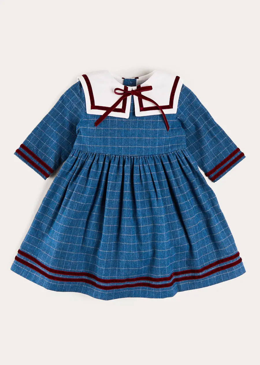 Moreton Check Mariner Collar Velvet Detail Dress in Blue (18mths-10yrs) Dresses from Pepa London US